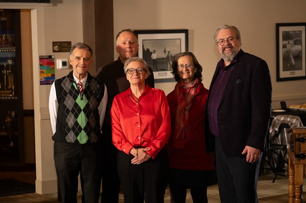 From left to right: Peter O’Brien, Andrew Alderson, BVSPCA Board President Deborah Archibald, Linda Stenger, and Town of Canmore Mayor Sean Krausert.